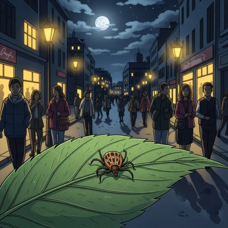 Nighttime Scene: Tick on Leaf Amidst Urban Life