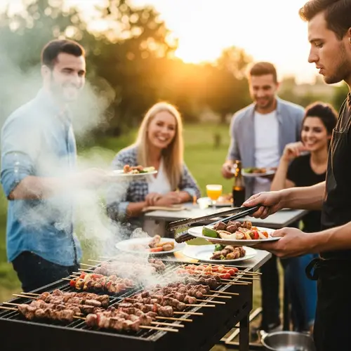 Outdoor BBQ Scene: Lively Gathering with Grilled Food
