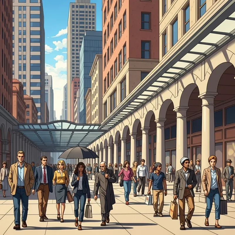 City Icon with Diverse Pedestrians on Covered Sidewalks