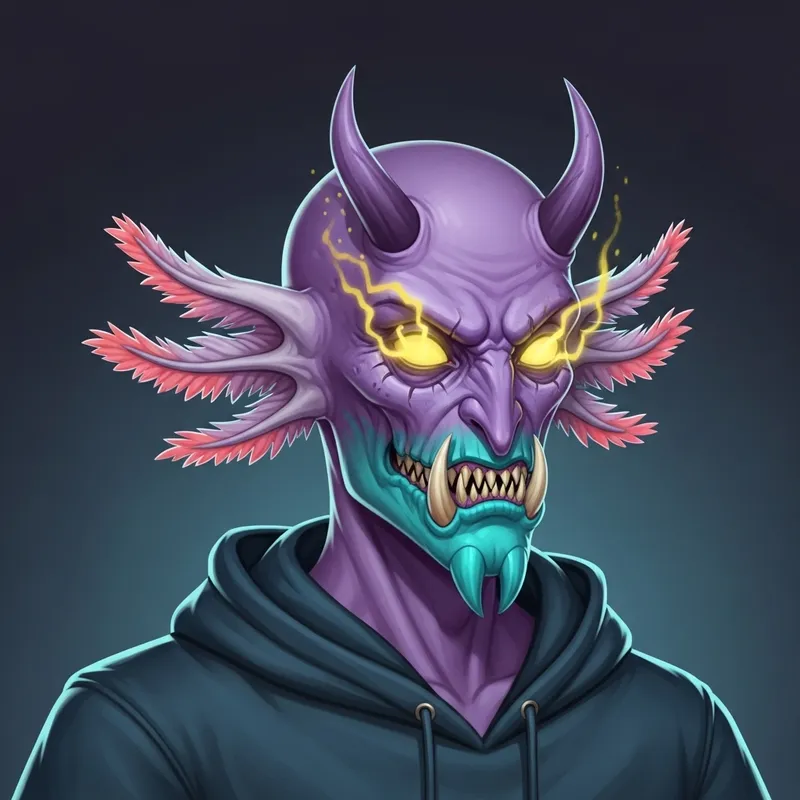 Fantastical Purple Skinned Character with Axolotl-Style Gills and Horns