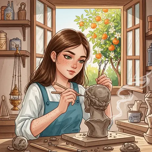 Andalusian Craft Workshop: Watercolor Painting of a Girl Sculpting a Bust