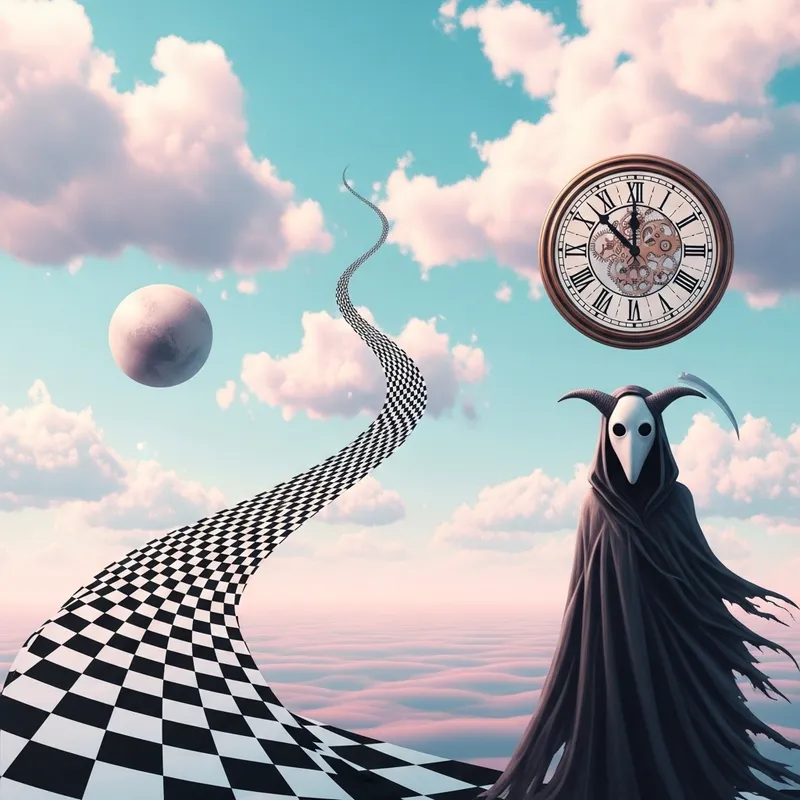 Enigmatic Path with Clock and Reapers: Pastel Sky Art