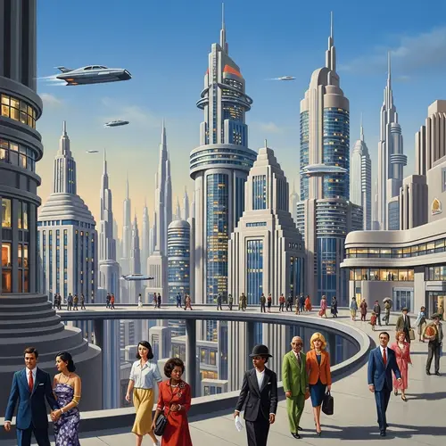 Futuristic Art Deco Cityscape Painting with Neon Lights