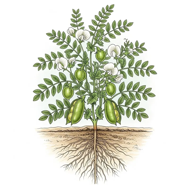 Chickpea Plant Roots Illustration | Botanical Artwork with Green Leaves, Flowers