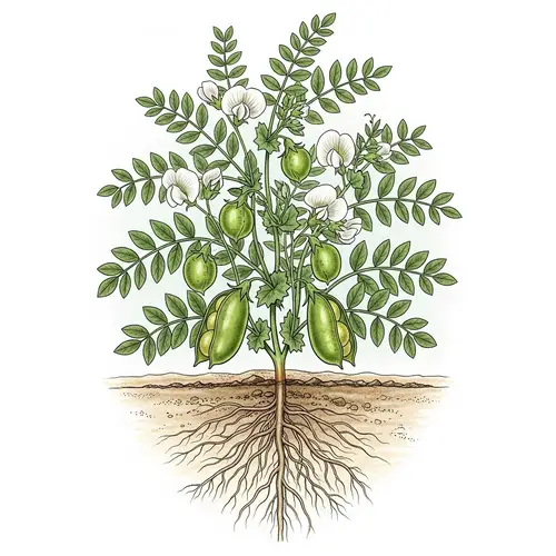 Detailed Botanical Illustration of Chickpea Plant | Green Leaves, Flowers, Pods