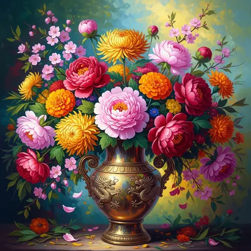 Prosperous and Auspicious Flowers in Full Bloom Oil Painting
