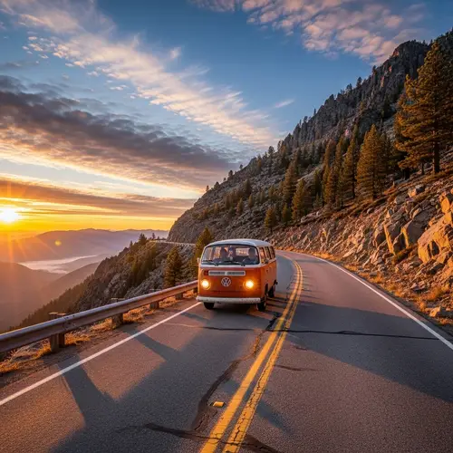 Van Driving on Mountainous Road at Sunrise