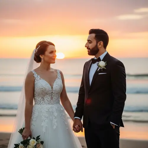 Romantic Beach Wedding at Sunset | Bride and Groom Holding Hands