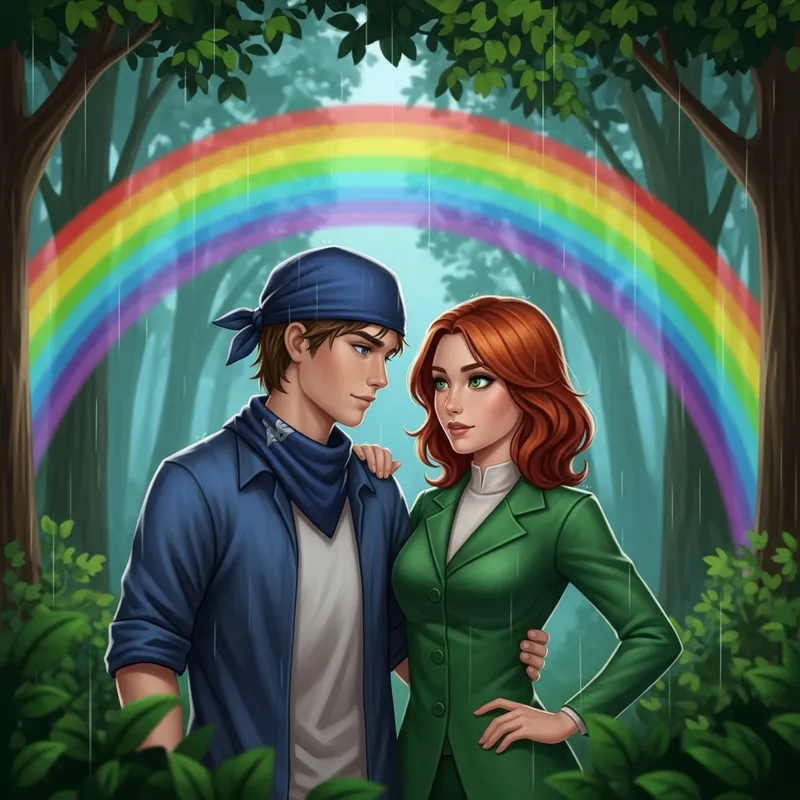 Enchanting Forest Moment: Boy and Girl Under Rainbow