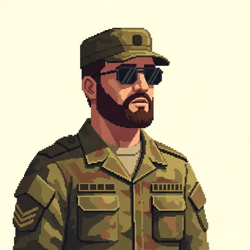 Minimalistic Voxel Art: Army Man with Beard and Sunglasses