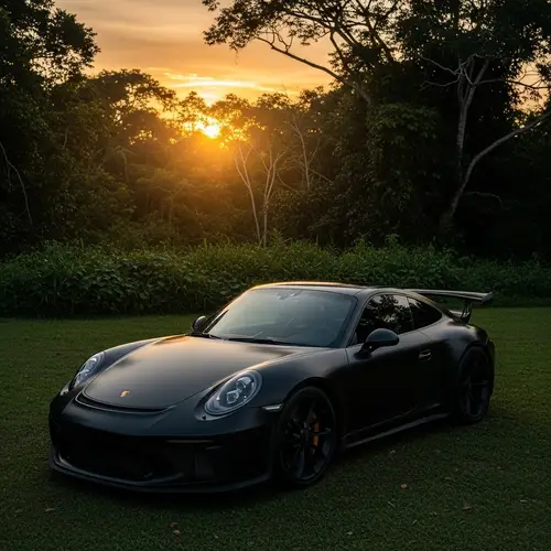 Matte Black Porsche 911 GT3 Parked in Amazon Forest | Sunset Scene