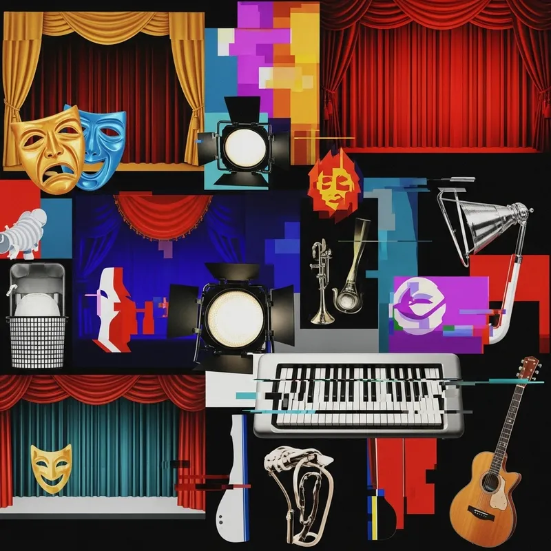 Abstract Theatrical Collage: Vibrant Elements with Glitch Effects