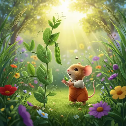 Cute Mouse Kid in a Sunlit Garden with Giant Pea Plant