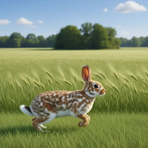 Spotted Light Brown Rabbit Hopping in a Field