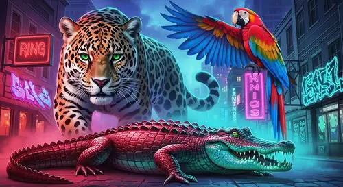 Vivid Neon Street Art with Jaguar, Macaw & Alligator