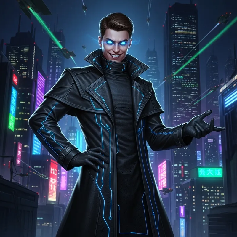 Dark Villainous Tech Visionary with Menacing Grin