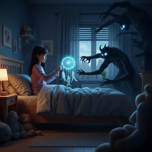 Young Asian Girl Defeats Sleep Demon with Dream-Catcher
