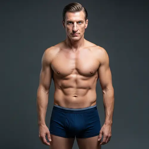 Confident Caucasian Man with Youthful Appearance in Navy Boxer Briefs