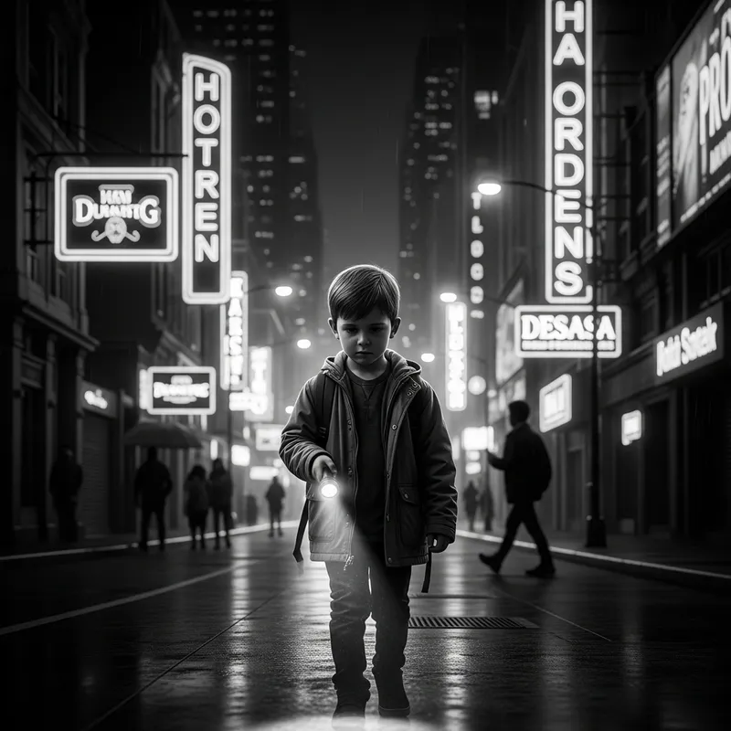 Heartbroken Boy Wanders Night City with Flashlight