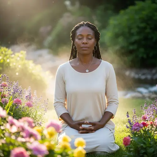 Tranquil Black Woman Meditating in Serene Garden