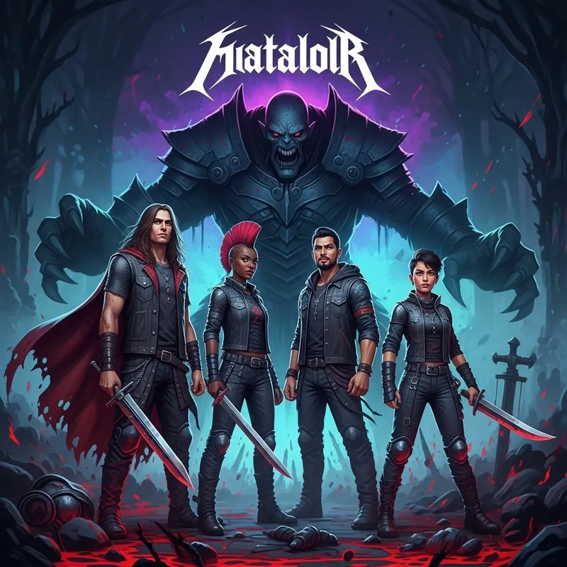 Dark Gothic Medieval Fantasy Album Cover with Multicultural Metal Musicians Confronting Menacing Villain