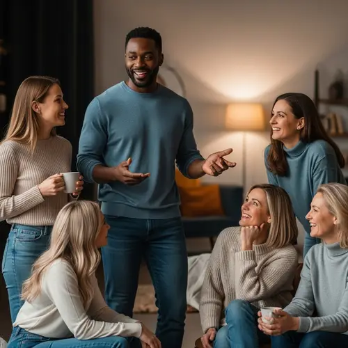 Charismatic Black Man Surrounded by Attentive White Women