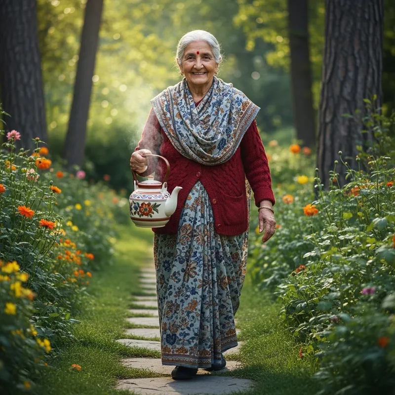 Elderly Woman Serving Tea in Enchanting Garden Setting