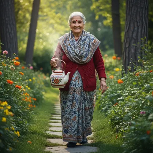 Elderly South Asian Woman Carrying Decorated Tea Pot | Enchanting Garden Scene