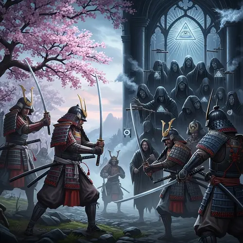 Samurai Warriors vs Illuminati: Cosmic Clash in Fantastical Landscape
