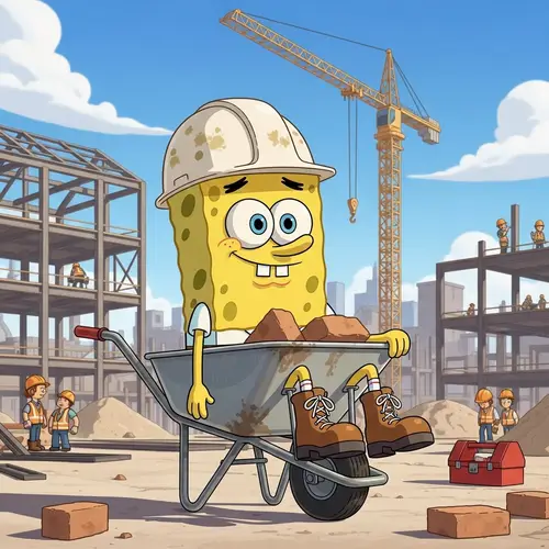 Cartoon Character in Wheelbarrow at Construction Site