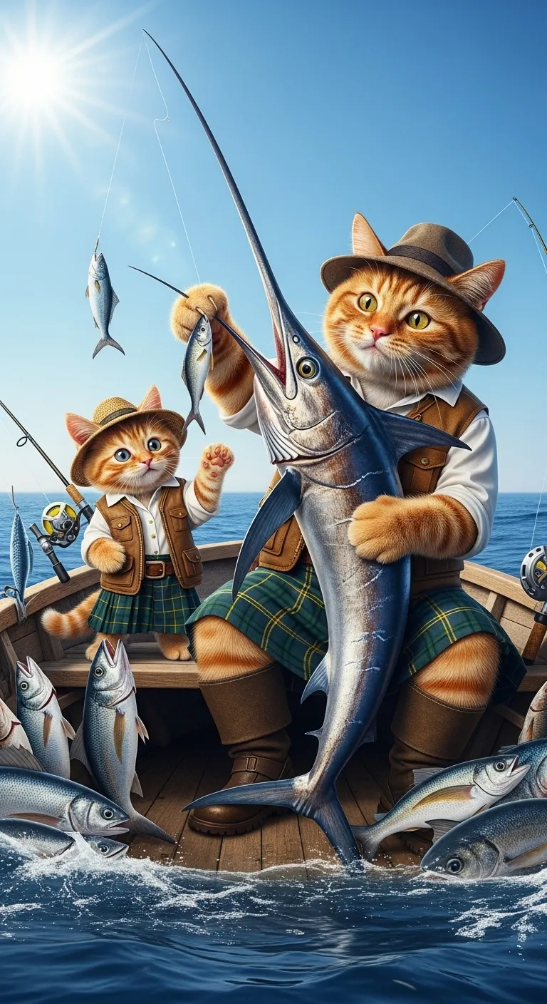 Delightful Fishing Scene: Ginger Scottish Cats Enjoying a High-Resolution Moment