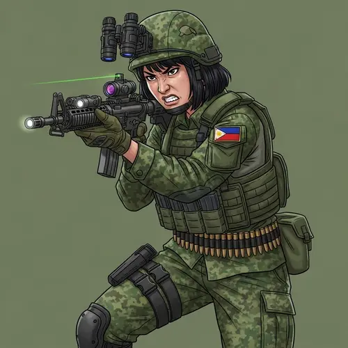 Intense Filipina Soldier in Jungle Camouflage Uniform with Assault Rifle