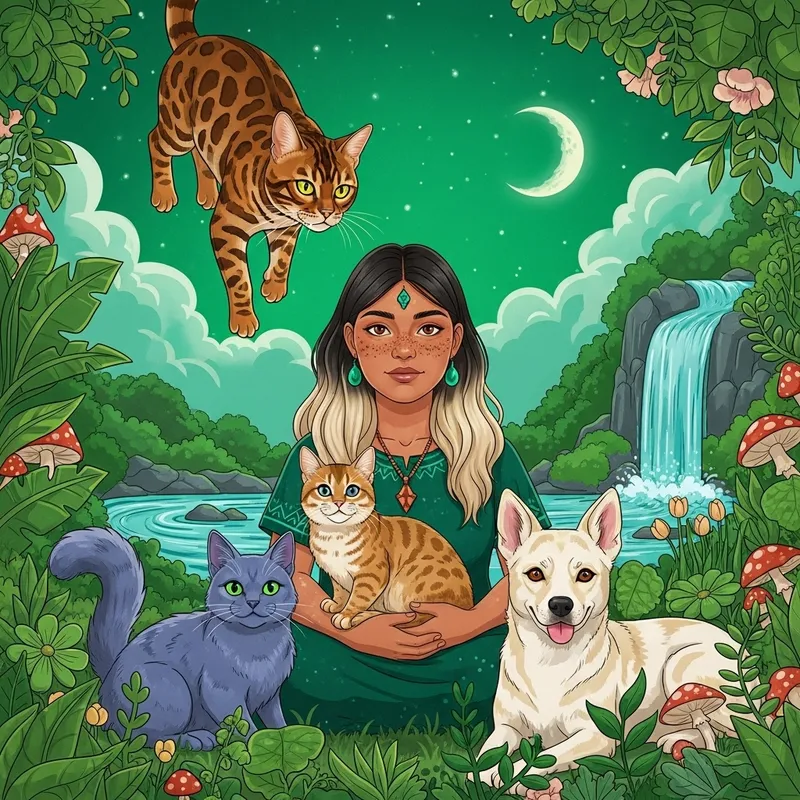 Enchanting Scene: Shaman Woman with Bengal Cat and Nature Harmony