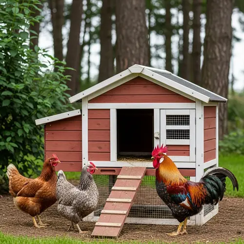 Hens and Rooster at Wooden Chicken Coop | Countryside Scene