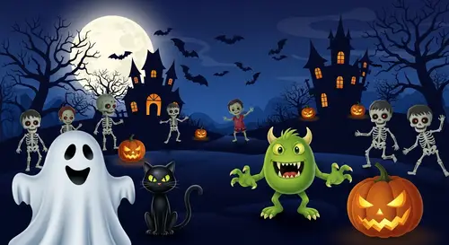 Fun Halloween Scene with Ghosts and Monsters