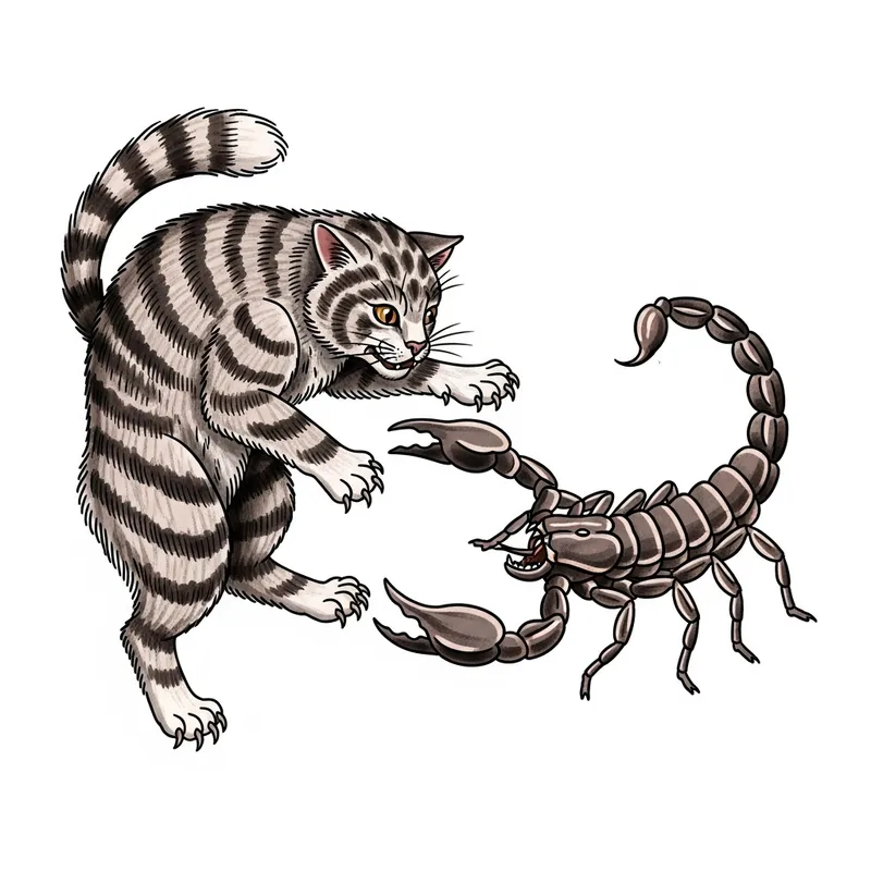 Fierce Cat Battling Scorpion Tattoo Design