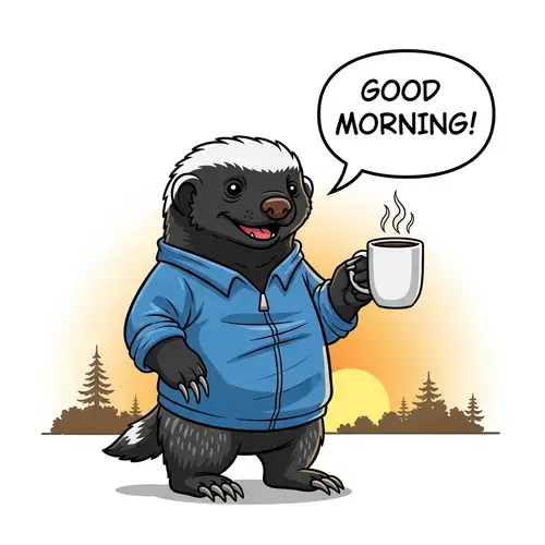 Cheerful Honey Badger Welcomes with 'Good Morning' Coffee | Comics