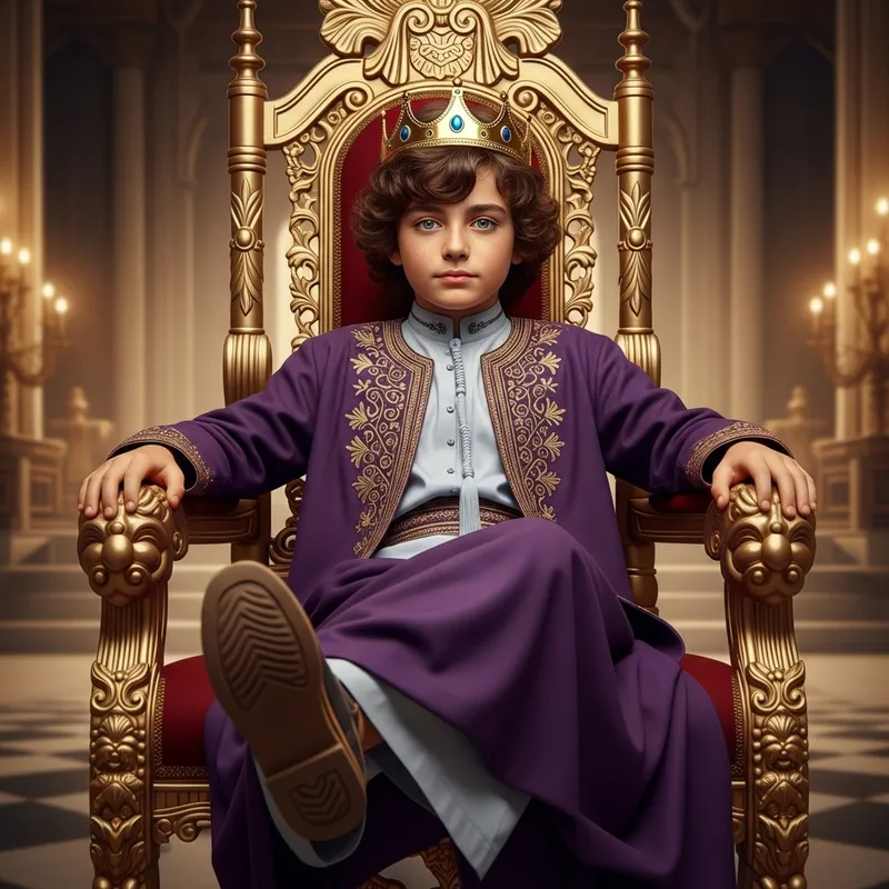 13-Year-Old King in Lavish Purple Arab Attire on Regal Throne