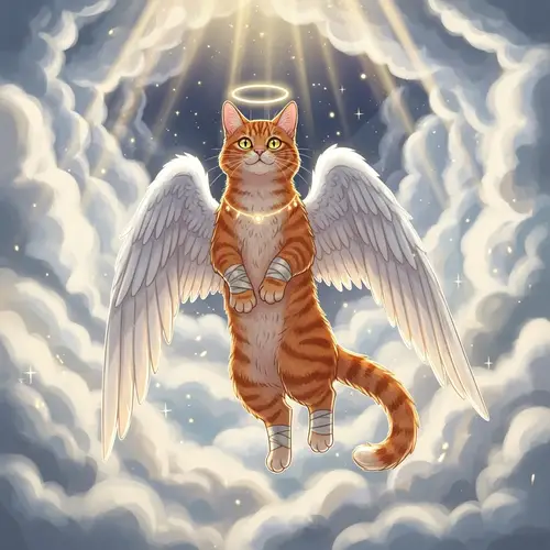 Angelic Red Cat with Wings and Bandages Among Clouds