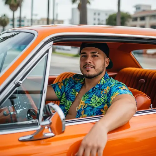Hispanic Man in Vibrant Orange Car with Flashy Attire