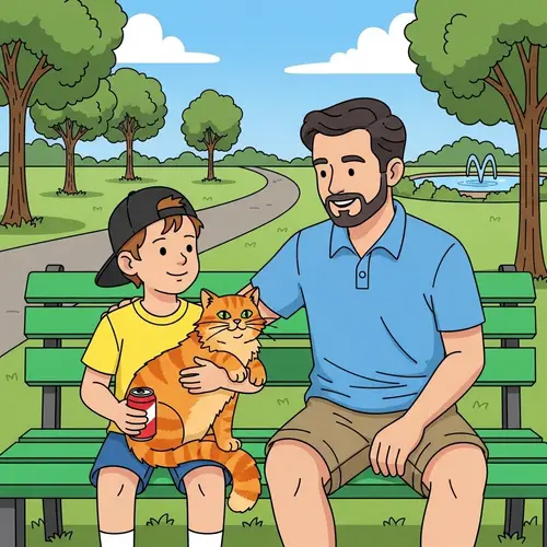 Park Scene Clipart: Young Boy with Cat and Soda Can