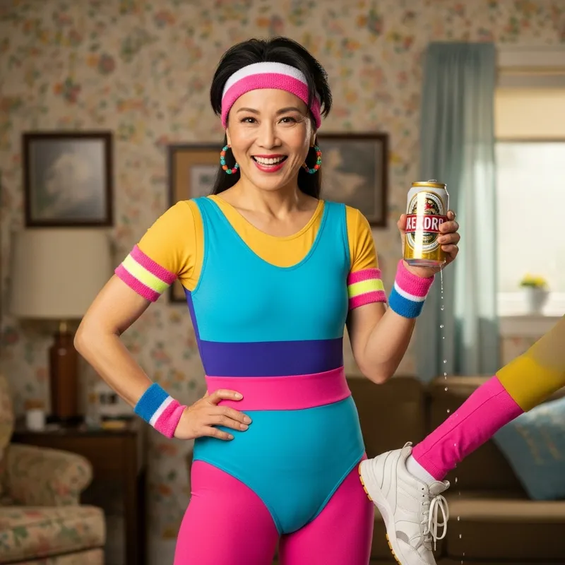 80's Woman in Workout Gear with Beer
