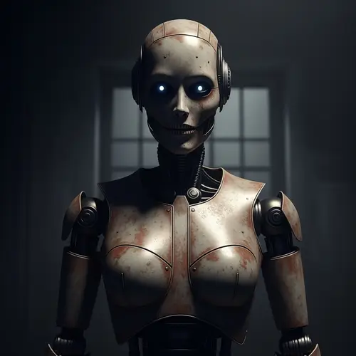 Eerie AI Robot in Horror Setting - Rusting Metallic Figure