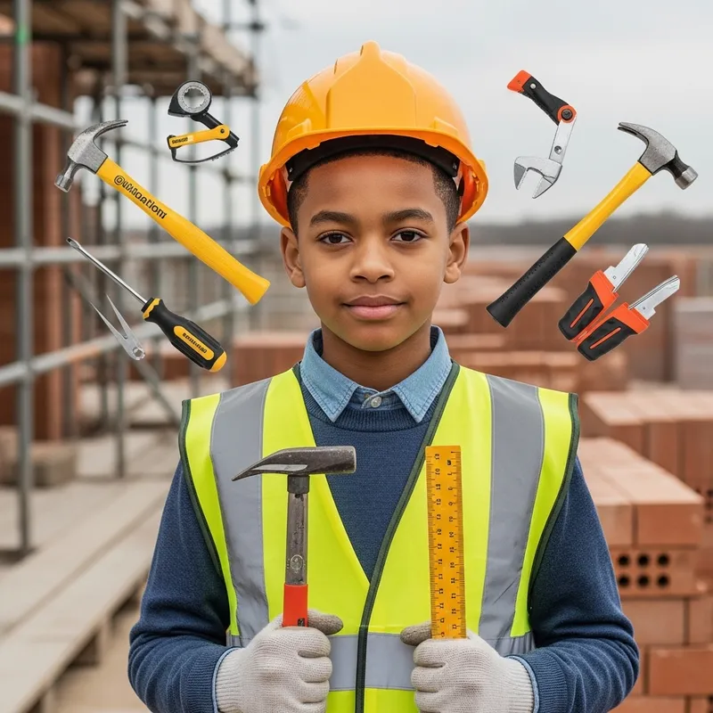 10-Year-Old American Boy in Builder Attire with Tools