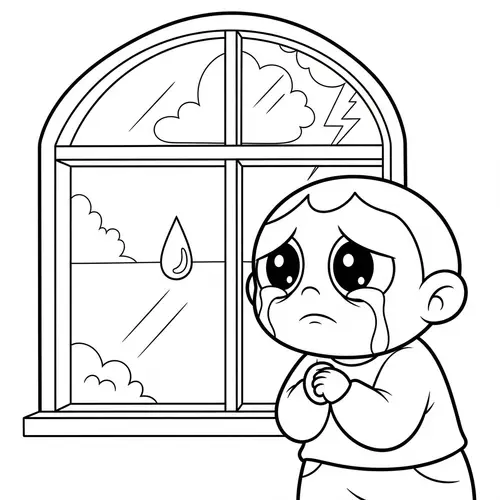 Sad Child Looking Out Window Cartoon Coloring Page