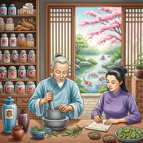 Traditional Eastern Medicine Watercolor Scene