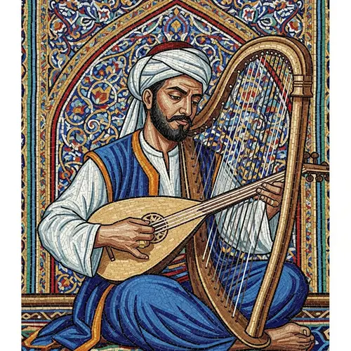Male Middle-Eastern Harpist Mosaic Art | Musician Plucking Melodious Notes