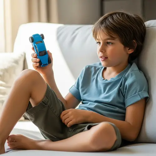 Cute Caucasian Boy in Casual Outfit with Blue Toy
