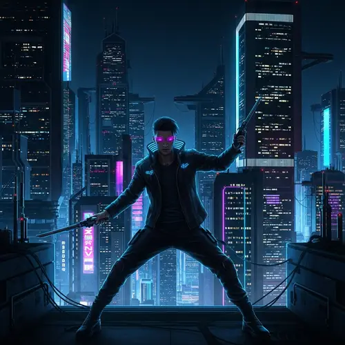 Dynamic Cyberpunk Cityscape with Mysterious Figure