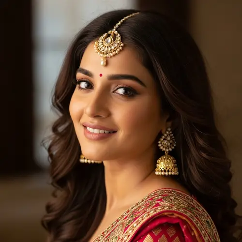Graceful Indian Woman in Red and Gold Sari | Portrait Photo
